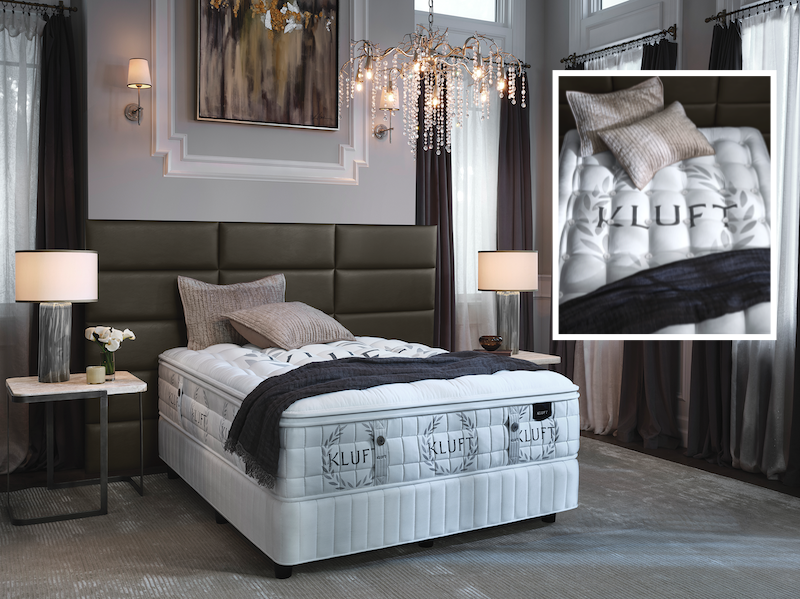 The Imperial bed, part of the company’s Kluft brand, features ultra-plush alpaca fiber, wool, silk, microcoils and a Belgian jacquard damask cover.